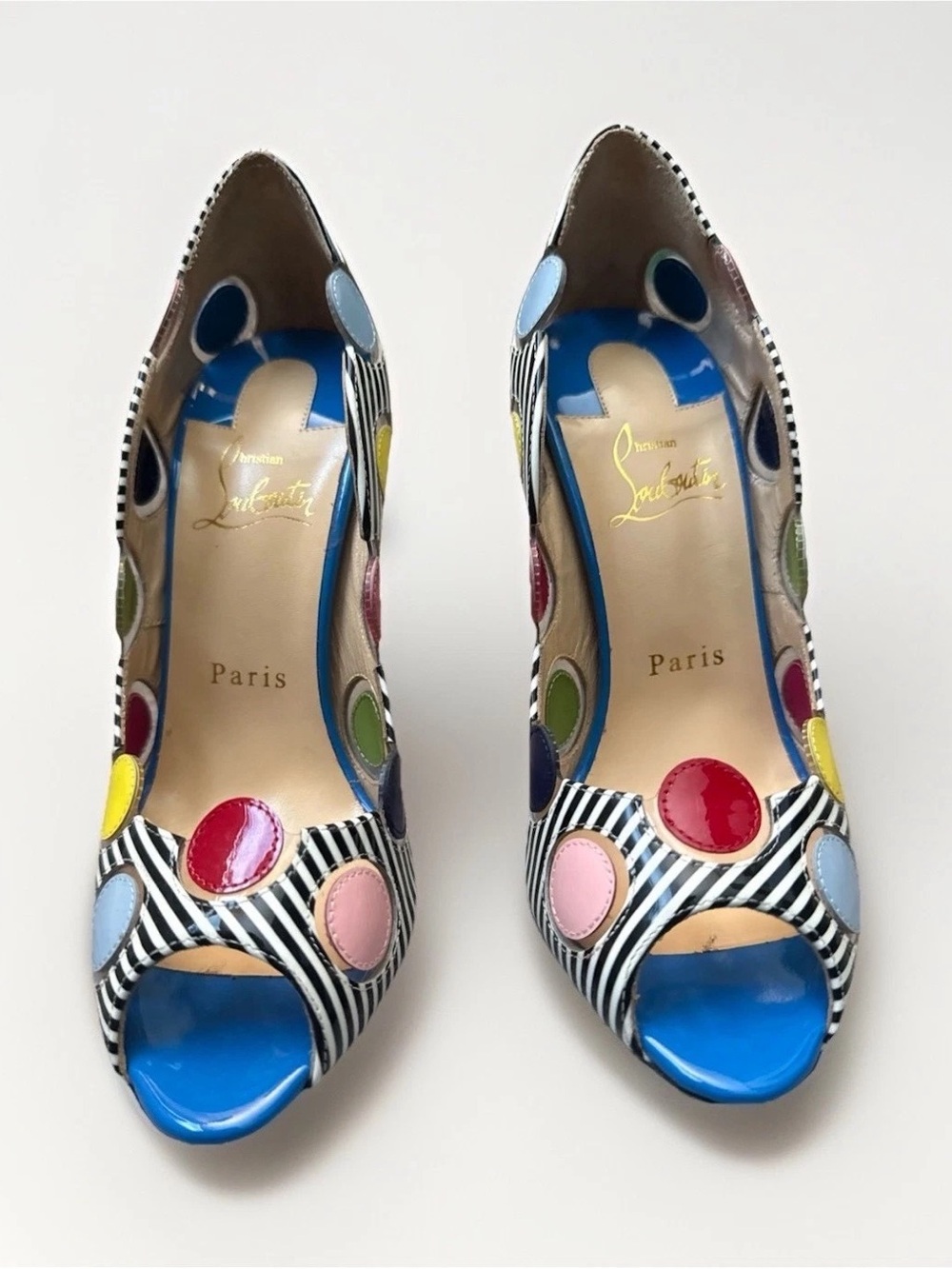 Christian Louboutin “LADY BUG” Striped Peep-Toe Pumps with Multicolor Polka Dots - Picture 2 of 3